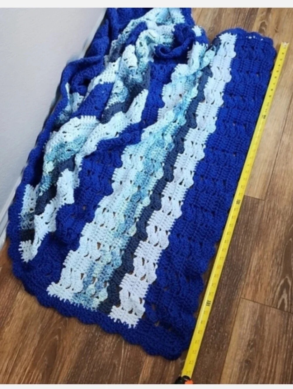 Knitted Crocheted Throw Blanket Blue Stripes